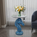 Modern Accent Table Living Room Horse Statue Blue and White Contemporary‌ Faux Marble Night Stand Side Table with Horse Head Base Reception Area & Bedroom（Width 19.69" ——Tall 24.8"） - style: Blue white horse head table