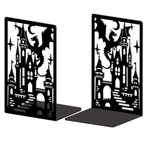 Peacoblue Metal Bookends for Shelves, Modern Decorative Heavy Duty Study Book Ends Stoppers for Office, Desk, Shelf, Room 5.3"x4.3"x7.9" Cast Iron Simple Tall Bookends 1 Pair (Dragon Castle) - style: Dragon and Castle