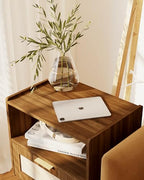 Veegle Nightstand,Modern Bedside Table with Storage Drawer and Open Wood Shelf, Accent Night Stand with Solid Wood Legs for Living Room, Bedroom and Small Spaces,Easy Assembly (Walnut Brown-Rattan) - color: Walnut Brown-rattan