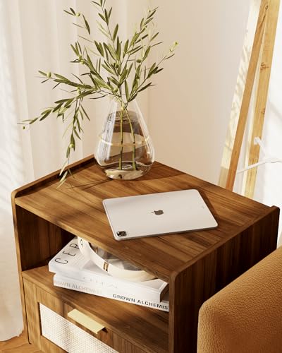 Veegle Nightstand,Modern Bedside Table with Storage Drawer and Open Wood Shelf, Accent Night Stand with Solid Wood Legs for Living Room, Bedroom and Small Spaces,Easy Assembly (Walnut Brown-Rattan) - color: Walnut Brown-rattan