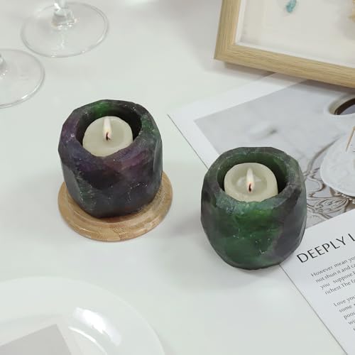 rockcloud Natural Raw Flourite Taper Tea Light Candle Holder Air Plant Holder Healing Stone Home Decoration Figurine - color: Green and Purple