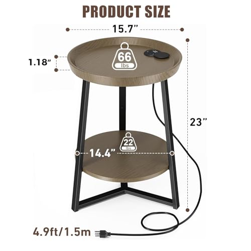 Gadroad Round End Table with Charging Station, USB Ports, Wood Tabletop & Black Metal Frame, 2-Tier Side Table for Living Room, Bedroom, Walnut Color 15.7 * 15.7 * 23.0inches - color: Walnut, style: with Charging Station