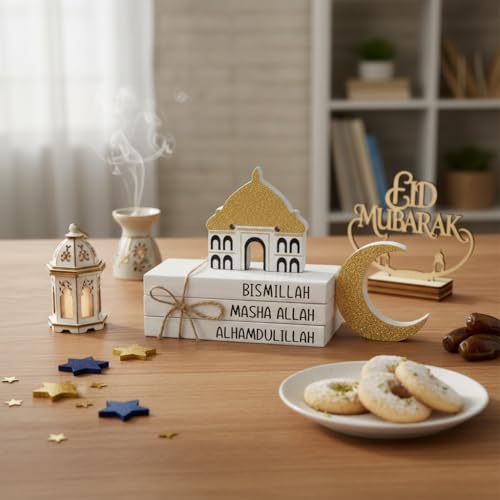 Smile Ramadan Wooden Decorations Eid Mubarak, Mini Faux Books Bundle, Ramadan Islamic Tiered Tray Muslim Party Tabletop Home Decor - style: Ramadam White
