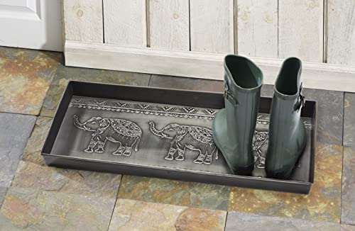 HF by LT Elephants Pattern Metal Boot Tray, 30 x 13 inches, Antique Zinc Finish - color: Elephants Pattern, Antique Zinc Finish