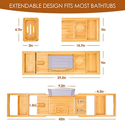 Foldable Bathtub Caddy Tray, Bamboo Bath Tub Tray Table for Tub with Wine Glass Holder Book Phone Tablet Holder with Extending Sides, Adjustable Bathroom Bathtub Free Soap Holder Gift Idea (Beige) - color: Beige