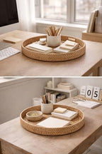 Round Rattan Serving Tray Set (2 Nesting Sizes) with Handles, 4 Coasters Included, Handwoven Boho Wicker Organizer for Coffee Table or Ottoman, 14.2 x 2.3 in and 11.9 x 1.7 in