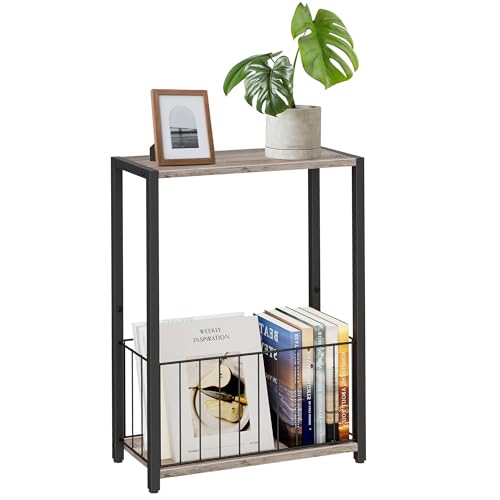 Homleke Narrow Side Table with Magazine Holder, Skinny End Table Perfect for Small Spaces, Space-Saving Design for Living Room, Bedroom, or Office, 7.1" D x 16.9" W x 23.6" H, Greige - color: Greige - Standard