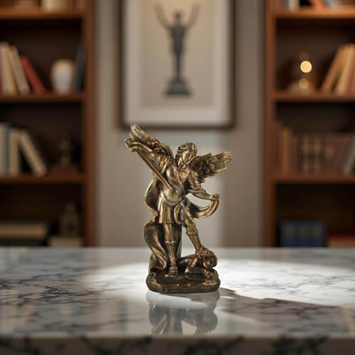 St. Michael The Archangel Statue – Bronze Resin Religious Figurine Depicting Saint Michael Defeating Evil – Christian Catholic Angel Sculpture for Home, Office, and Prayer Decor - size: 3.54 × 1.65 × 5.32 inches