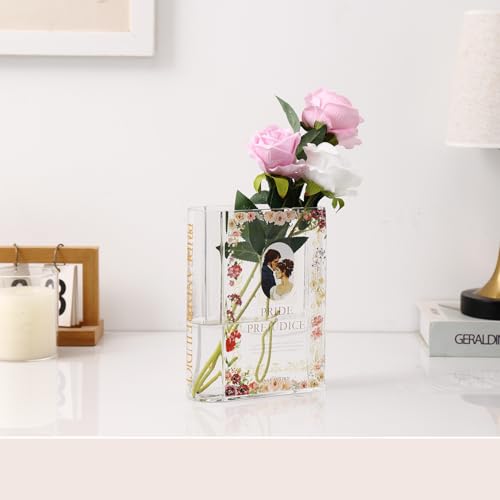 Book Vase for Flowers, Glass Book Shaped Vase, Clear Flower Vases, Large Glass Vases for Home, Office, Bedroom, Living Room, Dining Table, Bookshelf(Pride) - color: Pride&prejudice, size: Glass-7.8"
