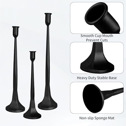 Set of 3 Taper Candle Holders, Cast Iron Candlestick Holders Tall for Wedding, Dining Table, Halloween & Fall Decor, Home Decoration (Black, 12" 14" 15.5") - color: Black