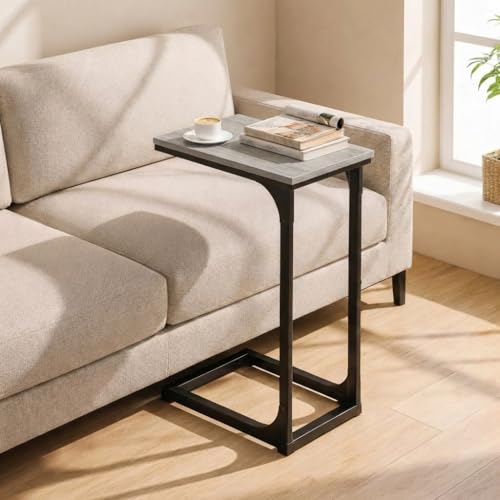 TEMI C Shaped End Table for Couch - Small Side Table and TV Tray for Eating or Laptop, Accent Desk for Chair or Sofa, Easy Assembly, Space-Saving Design for Living Room or Bedroom,Greige - color: Greige
