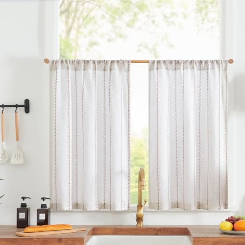 jinchan Linen Striped Kitchen Curtains Tier Cafe Curtains for Living Room Bathroom RV 24 Inch Farmhouse Rustic Half Window Treatment Light Filtering 2 Panels Taupe on White - color: Cottage Striped Taupe, size: 26"W x 24"L (Pack of 2)