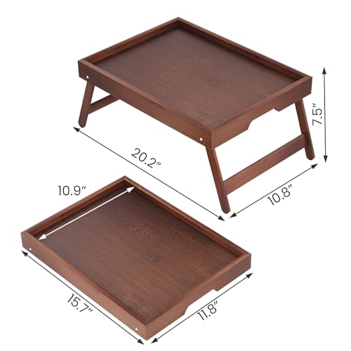 VERTORGAN 3 Pack Bamboo Bed Tray Table with Folding Legs,Breakfast Trays,Serving Tray,Laptop Tray for Working,Food Snack Tray for Bed and Sofa(Brown) - color: Brown