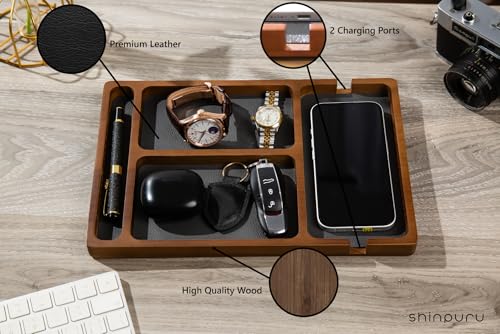 Shinpuru Wooden Valet Tray for Men, Nightstand Organizer with Leather Inlay, EDC Essentials Catchall Tray for Keys, Phone, Wallet, Watch, Earbuds - Bedside Desk Entryway Tray (Wood-Pen) - color: Brown-P