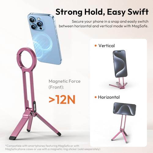ULANZI MA30 Magnetic Phone Tripod Stand for iPhone - Aluminium Maglock Smartphone Mini Tripod Pocket Cell Phone Stand Strong Magnet Quick Mount Compatible with iPhone 17 16 15 14 13 12 Series, Pink - color: Pink