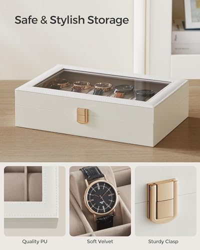 SONGMICS Watch Box, 12-Slot Watch Case Organizer with Large Glass Lid, Removable Pillows, Gift for Loved Ones, Cloud White Synthetic Leather, Cappuccino Beige Lining UJWB120W01 - color: Cloud White + Cappuccino Beige, size: 12 Slot