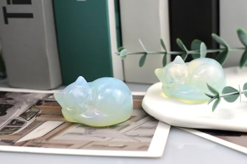 QINJIEJIE 2" Opal Cat Crystals Statue Decor Sleeping Figurines Opalite Stone Carved Polished White Gemstones Sculpture Office Desk Home Room Decor Cat Gifts for Mother Women Lover - color: E-white-opal, size: 2 inches