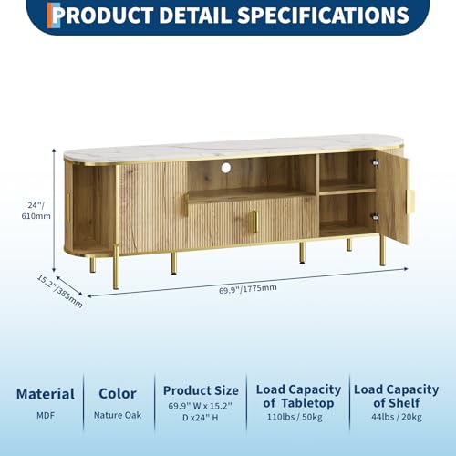 Luxury 70 in Fluted TV Stand with Faux Marble Top, Entertainment Center for TVs Up to 80 in, Wood Media Console with Curved Profile Sliding Doors and Adjustable Shelves for Living Room- Natural Oak - color: Natural Oak