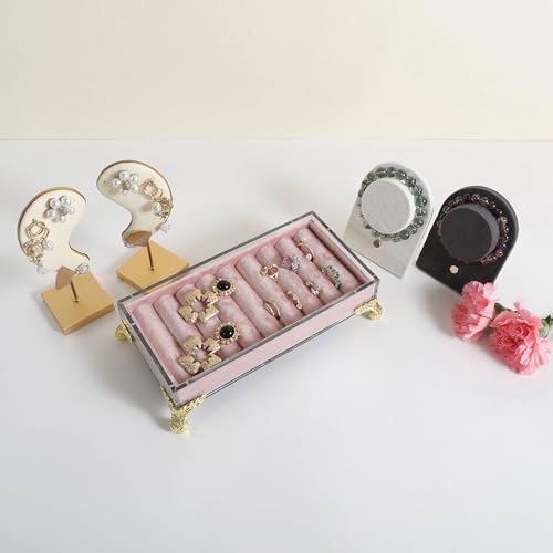 GemeShou velvet slots Ring holder for jewelry organizer, Earring ring display stand for selling, felt ring jewelry holder tray showcase【Velvet slots Ring Holder-Pink】 - color: Pink