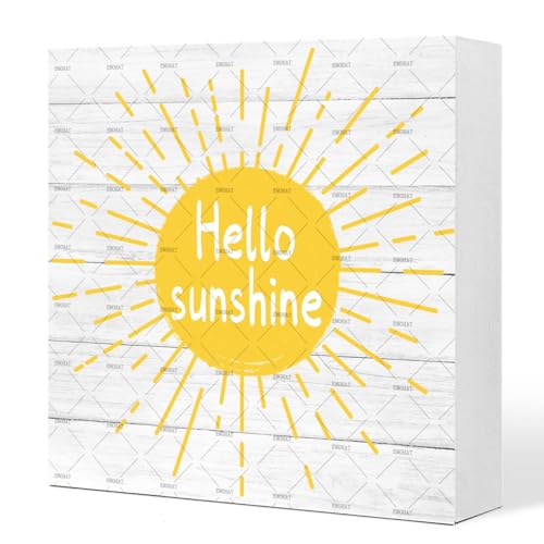 Hello Sunshine Summer Wood Box Sign Daisy Decor, EMOHAT Wooden Sign Desk Decor, Home Living Room Farmhouse Shelf Table Decoration 5.1x5.1 inch - color: Hello Sunshine