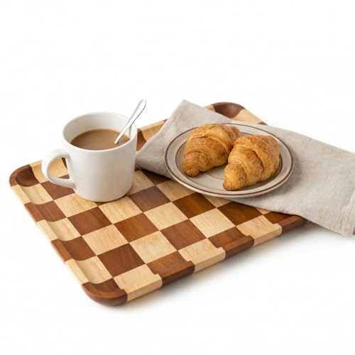 Rectangular Checkered Acacia Wood Serving Tray – Decorative Wooden Tray for Coffee Table, Snacks, and Food – Modern Wood Serving Tray for Kitchen, Dining, and Living Room Decor（13.7" x 9.8" x 0.6"）