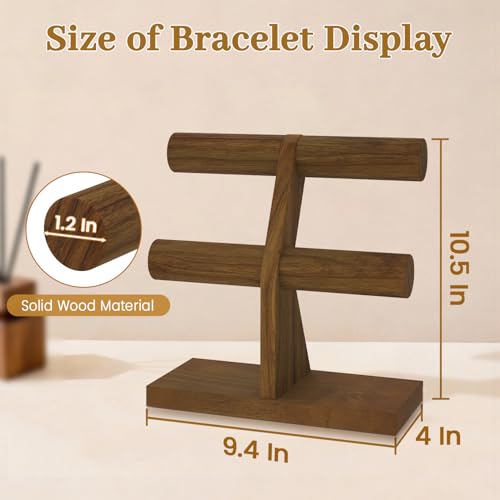MODOWEY Bracelet Holder Organizer Display Stand, 2 Tier Wooden T Bar Bangle Rack for Dresser, Small Jewelry Hanger with Rod for Vendor Selling, Desktop Vertical Jewellery Tree for Home Business, Brown - color: Brown