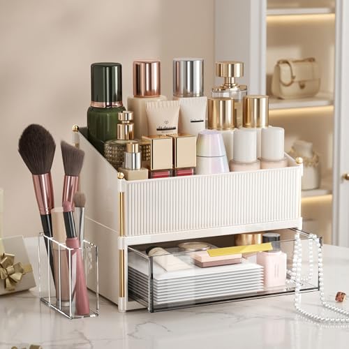 INVSSENE Stackable Makeup Organizer Countertop, Storage Perfume Skincare Cosmetic Lipstick Face Mask Makeup Brush Palettes, Ideal for Vanity Bathroom Counter - color: 3514 White+Clear