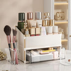 INVSSENE Stackable Makeup Organizer Countertop, Storage Perfume Skincare Cosmetic Lipstick Face Mask Makeup Brush Palettes, Ideal for Vanity Bathroom Counter - color: 3514 White+Clear