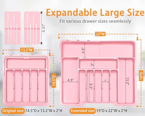 Homecor Silverware Organizer - Expandable Large Kitchen Drawer Organizer Utensil Organizer with 2 Knife Block Inserts, 22"x 19"Cutlery Tray with Drawer Dividers for Kitchen Flatware (Pink) - color: Pink