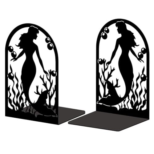 Peacoblue Metal Bookends for Shelves, Modern Decorative Heavy Duty Study Book Support Stoppers for Office, Desk, Shelf, Room 5.3"x4.3"x7.9" Cast Iron Simple Tall Bookends, 1 Pair (Mermaid) - style: Mermaid