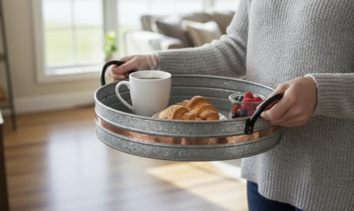 Galvanized Metal Serving Trays with Copper Strip and Iron Black Handles,Farmhouse Tray, Decorative Centerpiece for Coffee Table or Dining Table, Rustic Utility Trays for All Purpose, Round Trays… - size: 17"