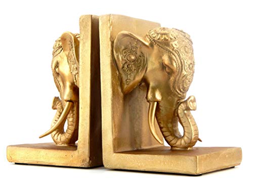 Bellaa 21817 Thai Elephant Bookends Pair - Antique Gold Polyresin 7 Inch Tall Decorative Bookshelf Decor