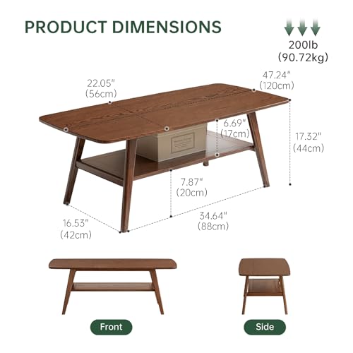 100% Solid Oak Wood Coffee Table with Storage Shelf, 2-Tier Rectangle Coffee Table for Living Room, Modern Center Table for Living Room (Walnut Colour, 47.24" W x22.05 D x 17.32" H) - color: Walnut Colour, size: 47.24"W x22.05" D x 17.32" H