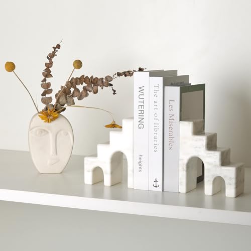 Decorative Natural Marble Book Ends for Shelves, Aesthetic Stone Bookends for Heavy Books, Unique Castle Book Holder/Stopper for Chic Home, Office, or Library Any Bookshelf Decor, Set of 2 (White) - color: Oriental Calacatta