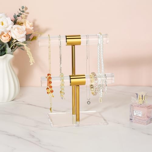 Necklace Holder Bracelet Holder, 2-Tier Acrylic Jewelry Display Stand Gold Jewelry Tower Stand Crystal T Bar Jewelry Organizer Gift for Women(2-Tier 1pc) - style: 2-Tier 1pc