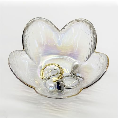 Flower Ring Dish Jewelry Tray, Glass Jewelry Dish Tray, Aesthetic Room Decor Small Trinket Dish, Nightstand Jewlery Ring Holder Dish, Bathroom Jewelry Plate Bowl for Rings Earrings Gift (White) - color: Rainbow Color