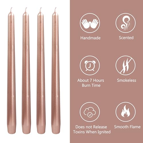 10 Inch Metal Taper Candles Handmade Set of 4 – Unscented Tapered Candles in Champagne, Candlesticks Smokeless Candle Sticks for Wedding, Home Decor, and Dinner Parties - color: Gold Pink