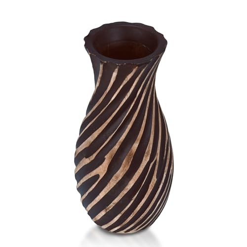 AeraVida Hand-Carved Spiral Stripes Mango Wood Vase for Dried Flowers | 8 inch | Classic Flower Vase
