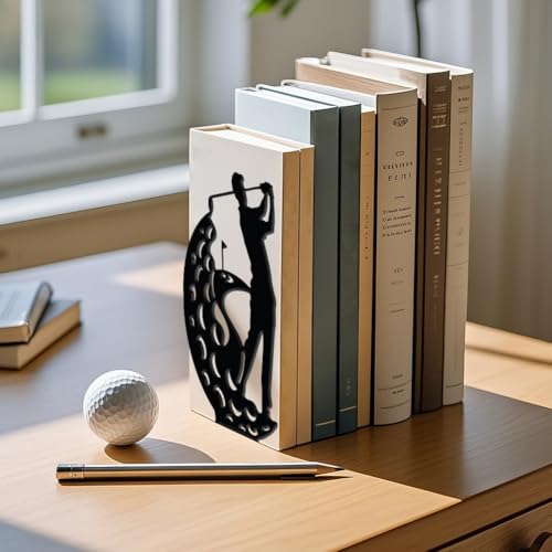 WADORN 1 Pair People Golf Metal Decorative Bookend for Shelves, Heavy Duty Book Ends Modern Non-Skid Books Holder Stand Black Book Support Stoppers for Desk Bookshelf Office Home, 5.3x4.3x7.9 Inches - color: People Golf