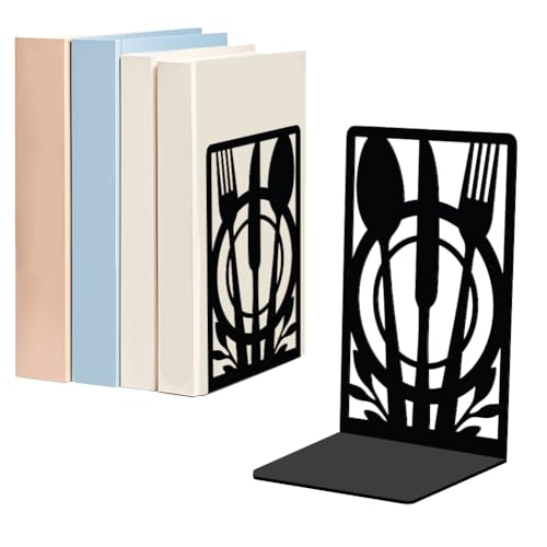 WADORN Kitchen Metal Decorative Bookend for Shelves 1 Pair, Heavy Duty Book Ends Non-Skid Books Holder Stand Black Book Support Stoppers for Cookbooks Desk Bookshelf Office Home, 5.3x4.3x7.9 Inch - color: Cutlery