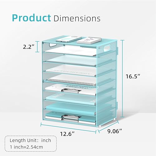 DALTACK 9-Tier Paper Organizer for Desk, Mesh Letter Tray Desk Organizer with Handles, Space-Saving File Organizer for Office Home School, Blue - color: Desk Organizer Blue