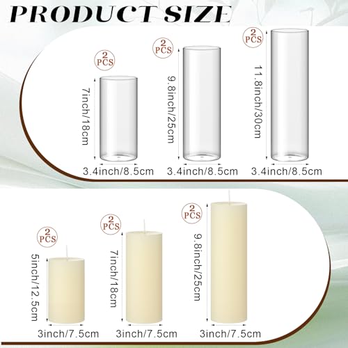 Shihanee Set of 6 Pillar Candles with Glass Cylinder Vases Clear Cylinder Hurricane Candleholders for Slim Tall Pillar Candles Wedding Table Centerpieces(3.4'' X 7", 9.8", 11.8",Ivory) - color: Ivory White, size: 3.4'' X 7", 9.8", 11.8"