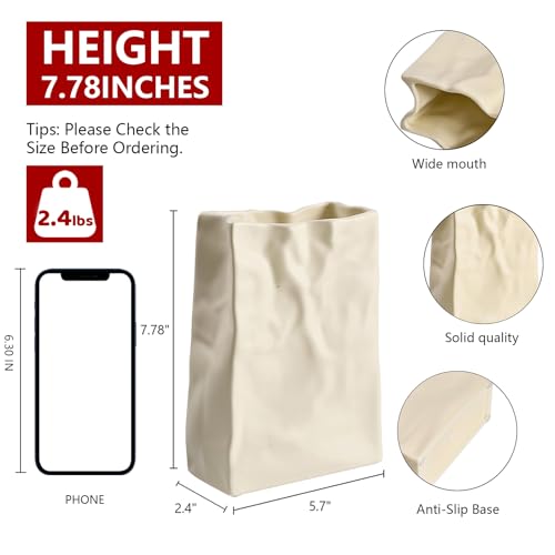Relexome Paper Bag Vase Crinkle Wide Ceramic Flower Vase Cream White Boho Wabi-Sabi Vases, Cute Home Office Living Room Decor Aesthetic Unique Bookshelf Decorative, Bouquet Gifts for Women Girl 8 Inch - color: Cream White