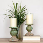 Creative Co-Op 2-Tone Sculptural Terracotta Pillar Candle Holder, Distressed Green - color: Green, size: 4.5" W x 5.25" H