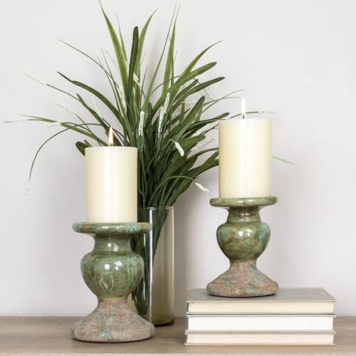 Creative Co-Op 2-Tone Sculptural Terracotta Pillar Candle Holder, Distressed Green - color: Green, size: 5.5" W x 6.5" H