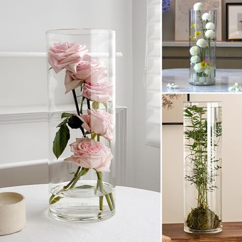 Liotww Acrylic Cylinder Clear Vases, Tall Large Plastic Flower Vase for Bouquet, Unbreakable Hurricane Vases Set of 3 for Centerpieces (D 6", D 4.8", D 4" + 3 Holder) - color: 3-xl Clear