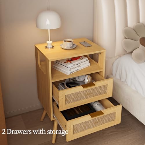 JOONEE Rattan Nightstand,Farmhouse Bedside Table with 2 Storage Drawer and Open Wood Shelf, for Bedroom and Small Spaces,Night Stand with Solid Wood Legs (Yellow Oak) - color: Yellow Oak
