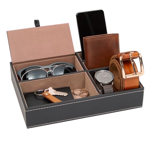 Juvale Mens Jewelry & Valet Tray Organizer - 10 x 7.3 x 2 in Black PU Leather - 5 Compartments Flip-Top Lid - Wallet, Key & Watch Organizer Tray - Catchall for Men