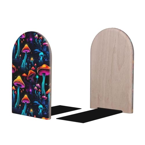 Luminous Mushroom L-Shaped Book Ends 1 Pair Wood Bookends Book End Supports for Heavy Book Shelf Holder Home Decorative - color: Luminous Mushroom