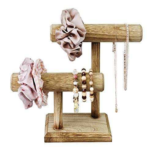 Ikee Design 2 Tier Wooden Jewelry Bracelet Watch Display Tower, Bangle Scrunchie Necklace Holder Storage Stand, Oak Color, 7.9 W x 4.3 D x 9.4 H in - color: Oak